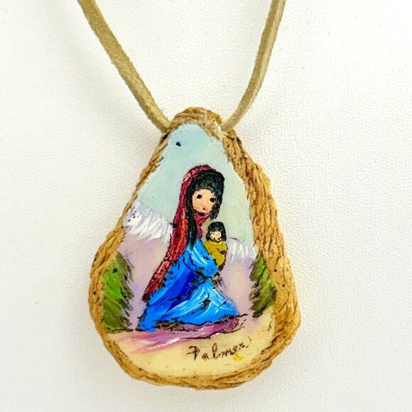 Southwestern Necklace/Pendant Mother and Baby - Hand Painted on Wood - Signed - Picture 1 of 8